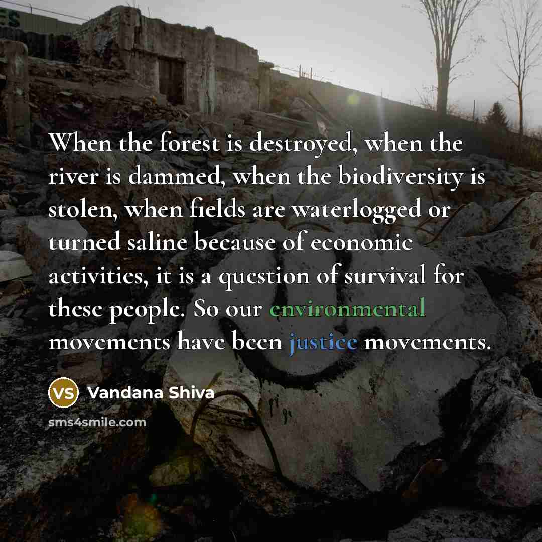 “When the forest is destroyed, when the river is dammed,…” quote by Vandana Shiva