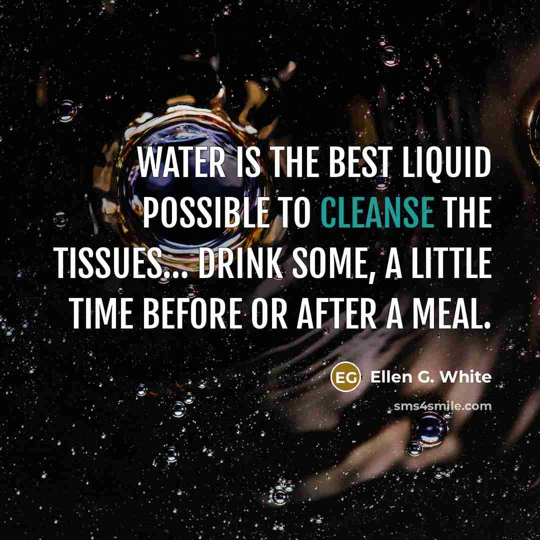 “Water is the best liquid possible to cleanse the tissues… Drink some, a little time before or after a meal.” quote by Ellen G. White