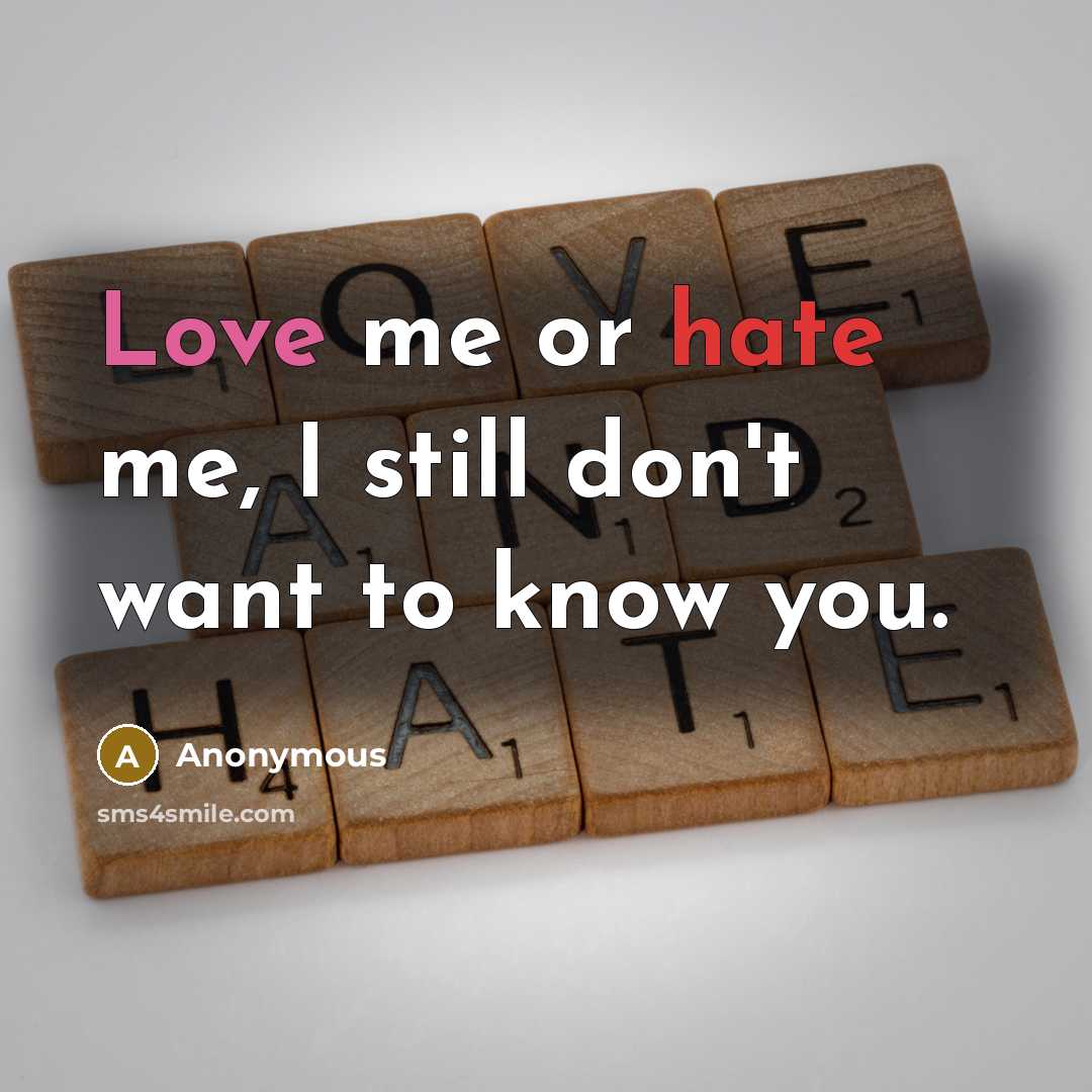 “Love me or hate me, I still don't want to know you.” quote by Anonymous