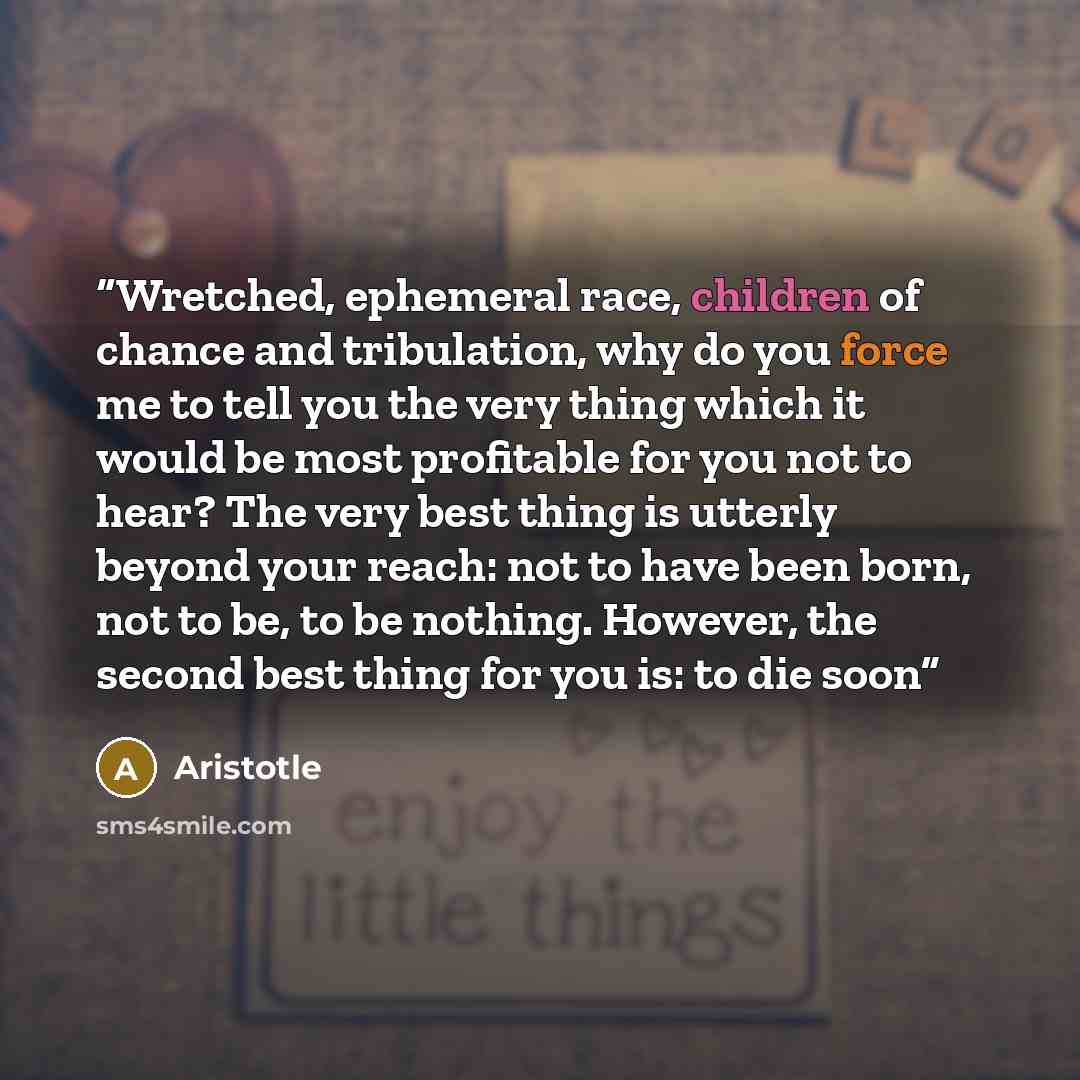 “Wretched, ephemeral race, children of chance and tribulation, why do you force me to tell you the very thing which it would be most profitable for you not to hear? The very best thing is utterly beyond your reach: not to have been born, not to be, to be nothing. However, the second best thing for…” quote by Aristotle