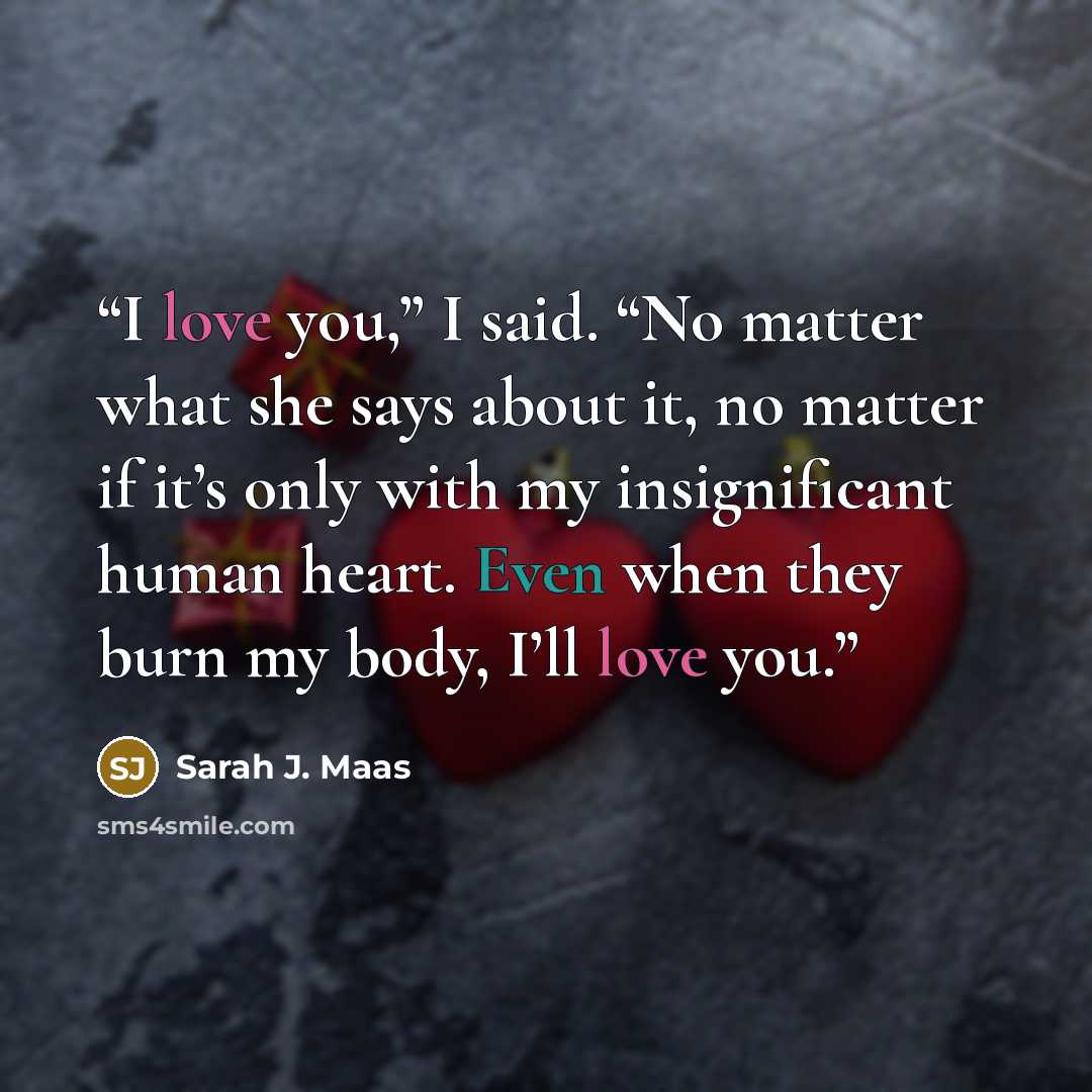 “I love you,” I said. “No matter what she says about it, no matter if it’s only with my insignificant human heart. Even when they burn my body, I’ll love you.” quote by Sarah J. Maas
