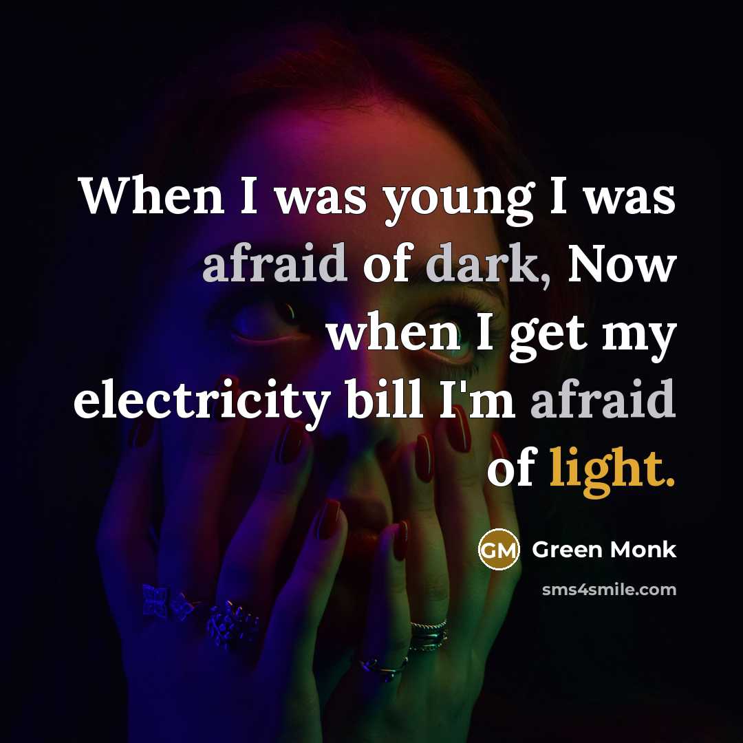 “When I was young I was afraid of dark, Now when I get my electricity bill I'm afraid of light.” quote by Green Monk