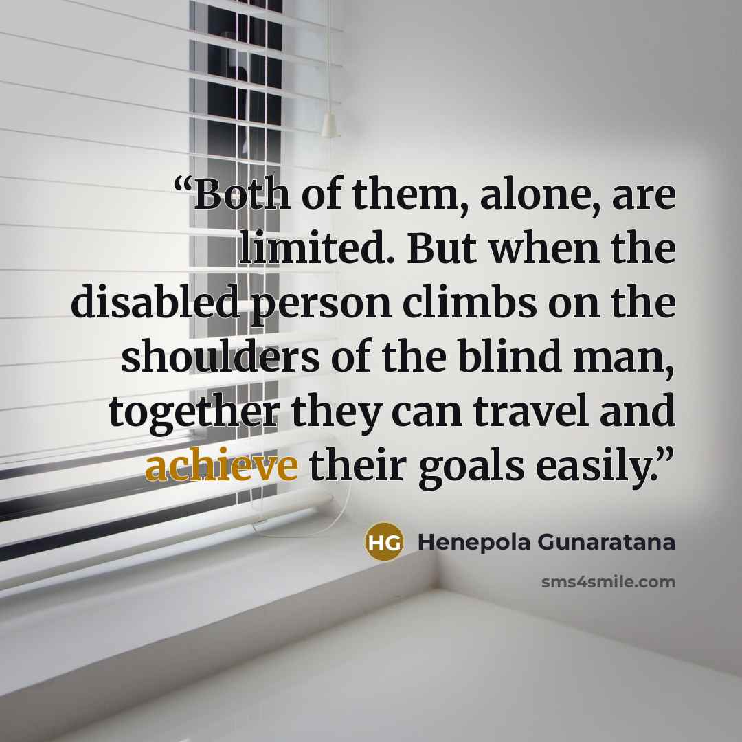 “Both of them, alone, are limited. But when the disabled person climbs on the shoulders of the blind man, together they can travel and achieve their goals easily.” quote by Henepola Gunaratana