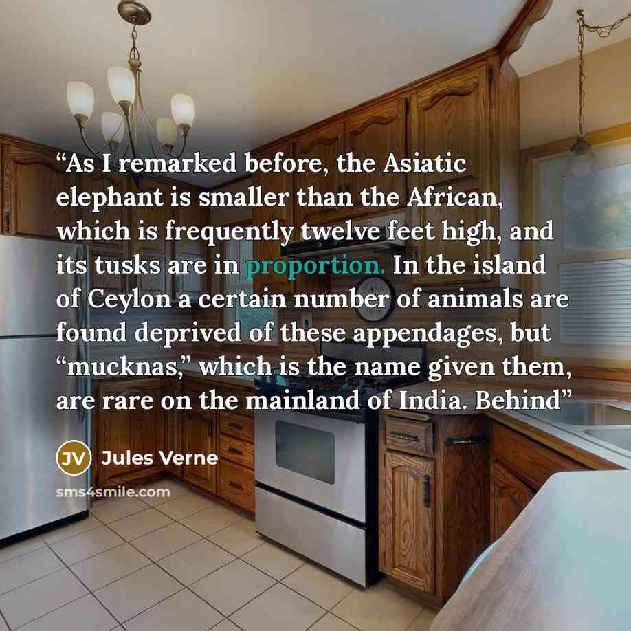 “As I remarked before, the Asiatic elephant is smaller than the African, which is frequently twelve feet high, and its tusks are in proportion. In the island of Ceylon a certain number of animals are found deprived of these appendages, but “mucknas,” which is the name given them, are rare on the…” quote by Jules Verne