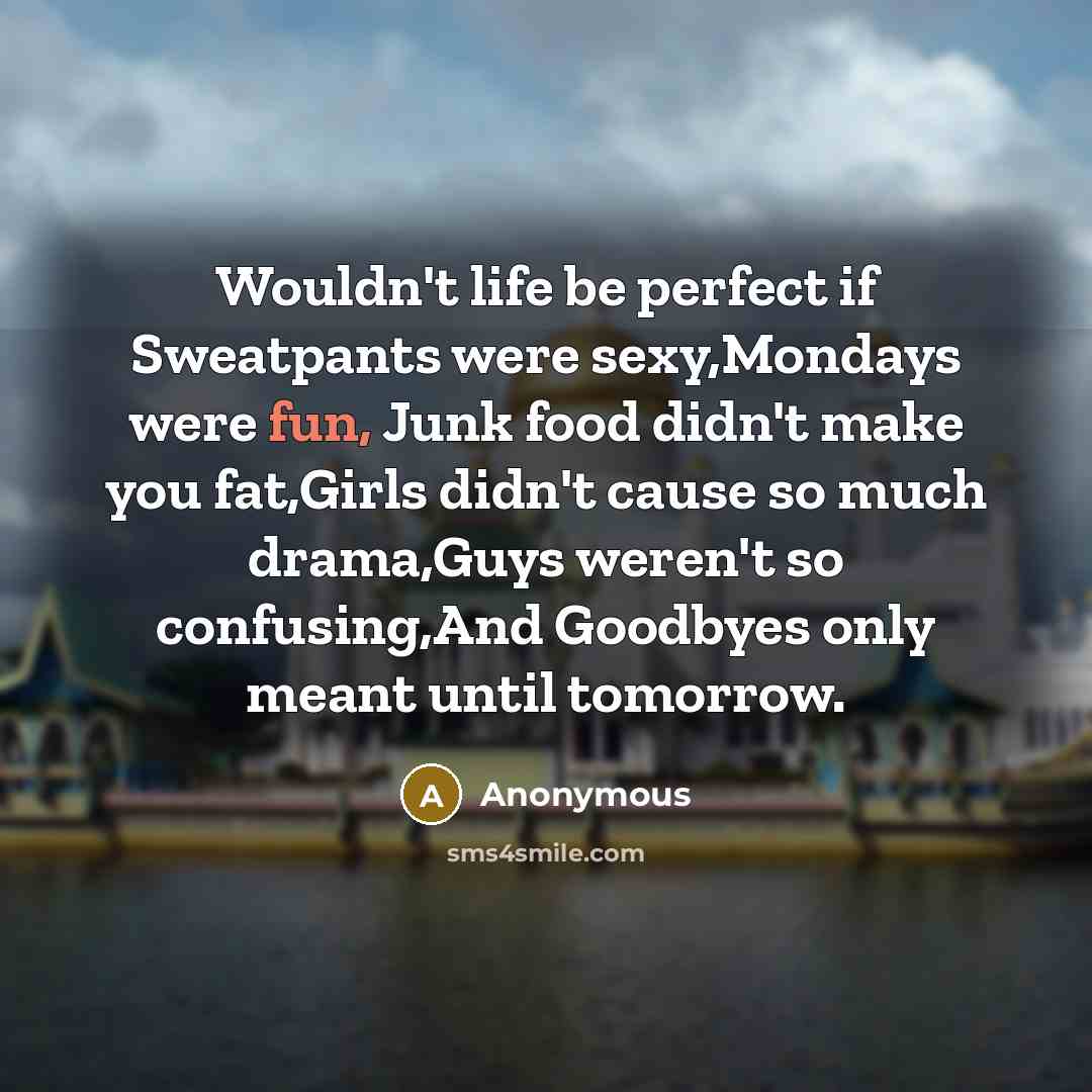 “Wouldn't life be perfect if Sweatpants were sexy,Mondays were fun,…” quote by Anonymous