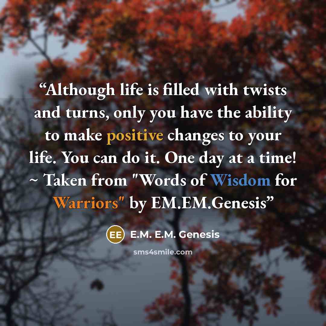 “Although life is filled with twists and turns, only you have the ability to make positive changes to your life. You can do it. One day at a time! ~ Taken from "Words of Wisdom for Warriors" by EM.EM.Genesis” quote by E.M. E.M. Genesis