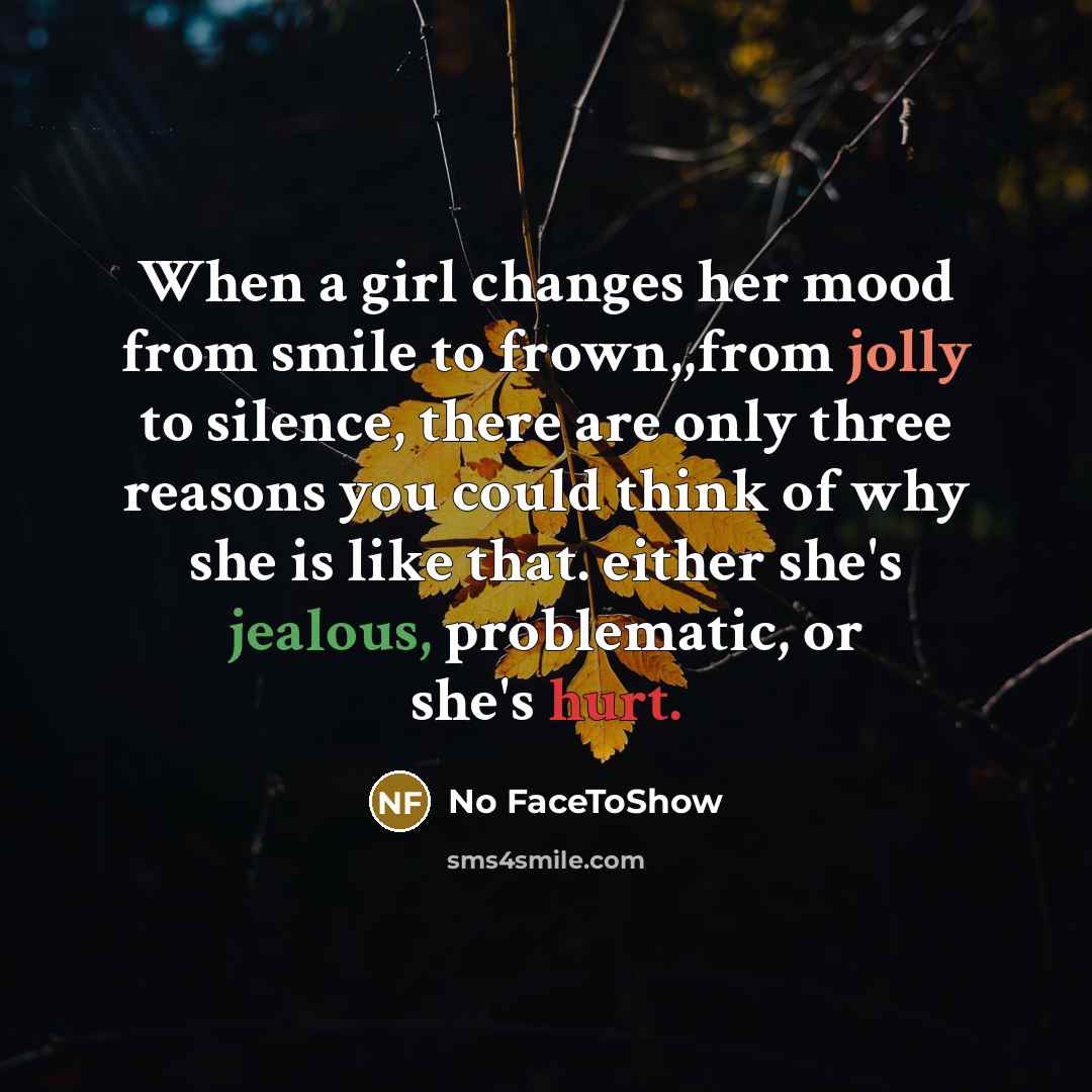 “When a girl changes her mood from smile to frown,,from jolly to silence, there are only three reasons you could think of why she is like that. either she's jealous, problematic, or she's hurt.” quote by No FaceToShow
