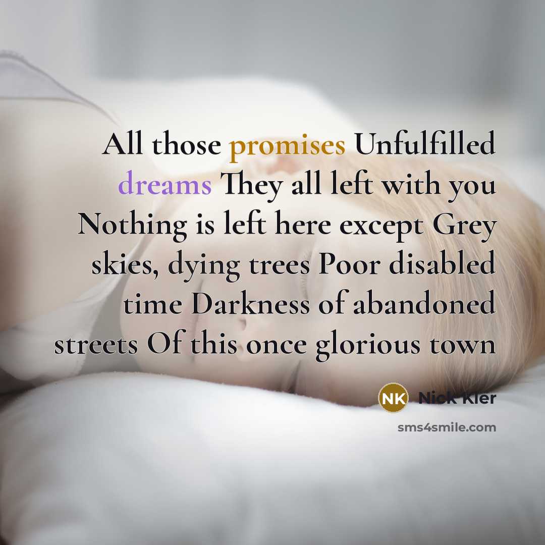 “All those promises Unfulfilled dreams They all left with you Nothing is left here except Grey skies, dying trees Poor disabled time Darkness of abandoned streets Of this once glorious town” quote by Nick Kler