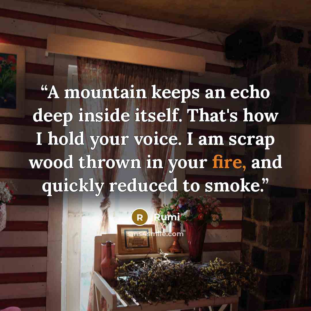 “A mountain keeps an echo deep inside itself. That's how I hold your voice. I am scrap wood thrown in your fire, and quickly reduced to smoke.” quote by Rumi