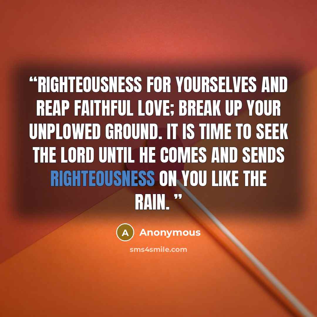 “righteousness for yourselves and reap faithful love; break up your unplowed ground. It is time to seek the Lord until He comes and sends righteousness on you like the rain.” quote by Anonymous