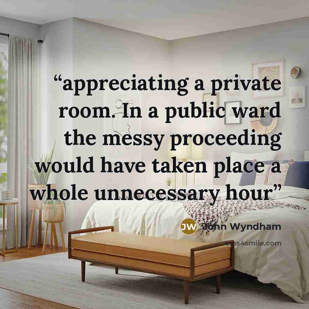 “appreciating a private room. In a public ward the messy proceeding would have taken place a whole unnecessary hour” quote by John Wyndham