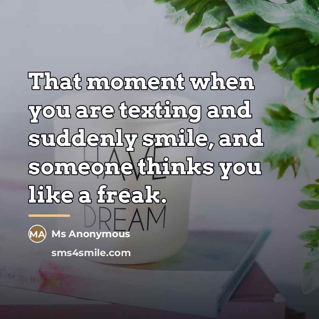 “That moment when you are texting and suddenly smile, and…” quote by Ms Anonymous