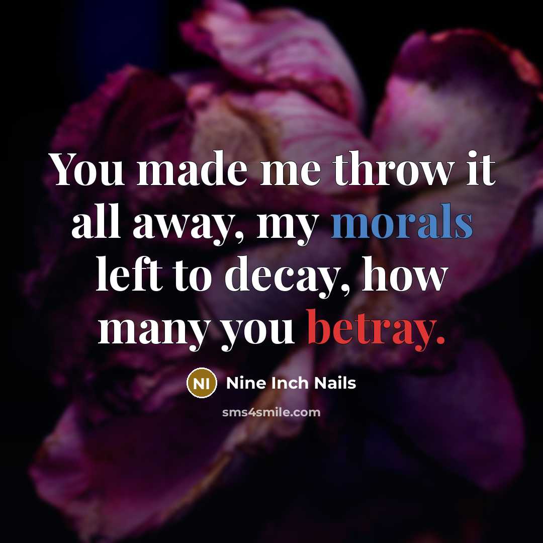 “You made me throw it all away, my morals left to decay, how many you betray.” quote by Nine Inch Nails