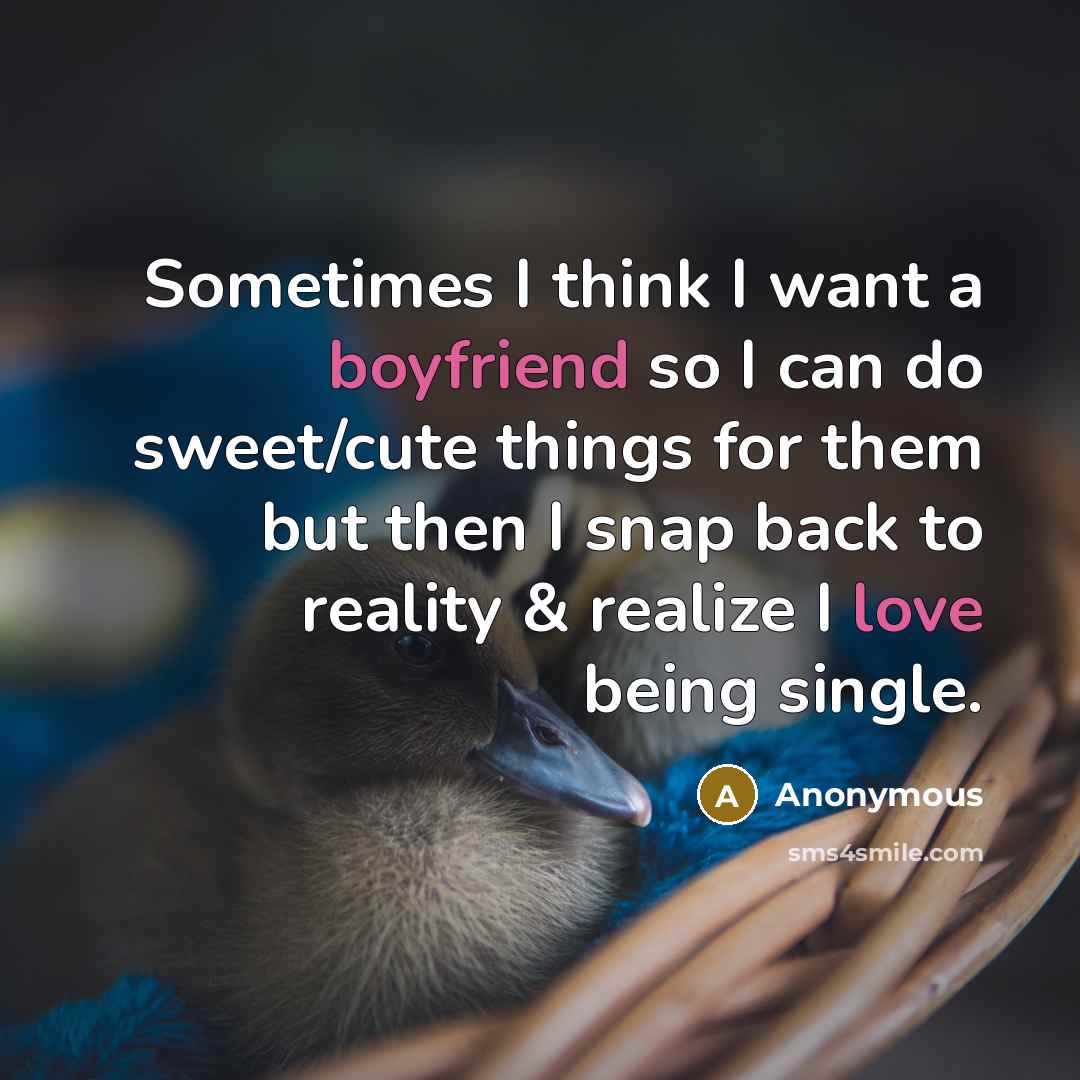 “Sometimes I think I want a boyfriend so I can do sweet/cute things for them but then I snap back to reality & realize I love being single.” quote by Anonymous
