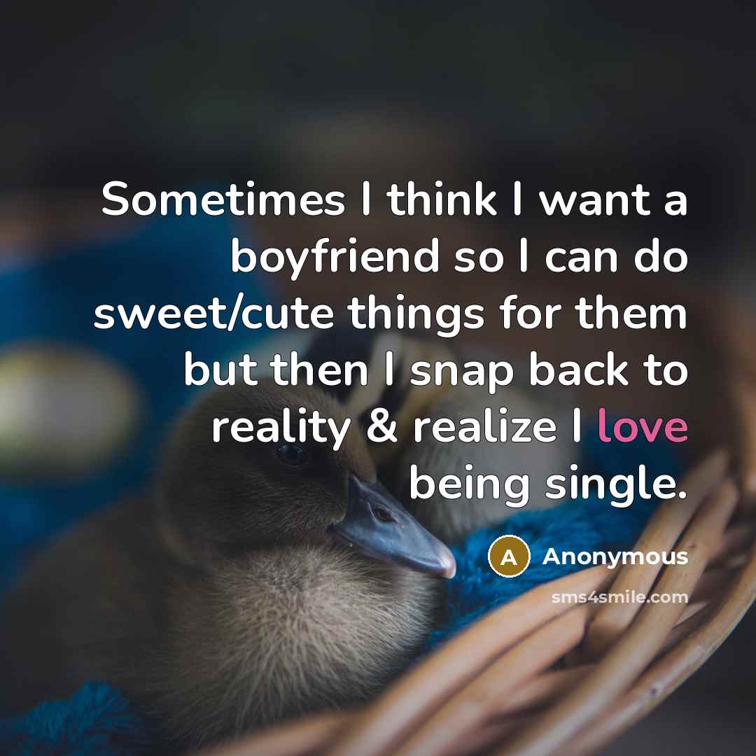 “Sometimes I think I want a boyfriend so I can do sweet/cute things for them but then I snap back to reality & realize I love being single.” quote by Anonymous