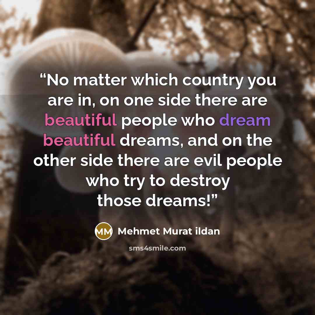 “No matter which country you are in, on one side there are beautiful people who dream beautiful dreams, and on the other side there are evil people who try to destroy those dreams!” quote by Mehmet Murat ildan