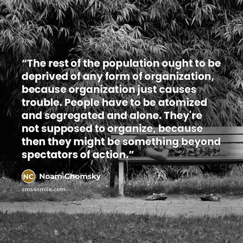 “The rest of the population ought to be deprived of any form of organization, because organization just causes trouble. People have to be atomized and segregated and alone. They're not supposed to organize, because then they might be something beyond spectators of action.” quote by Noam Chomsky