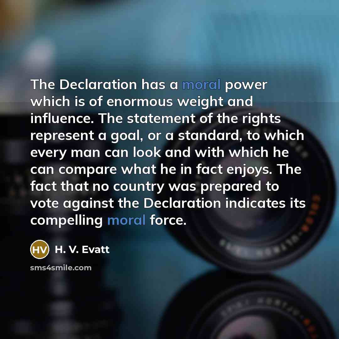 “The Declaration has a moral power which is of enormous weight and influence. The statement of the rights represent a goal, or a standard, to which every man can look and with which he can compare what he in fact enjoys. The fact that no country was prepared to vote against the Declaration…” quote by H. V. Evatt