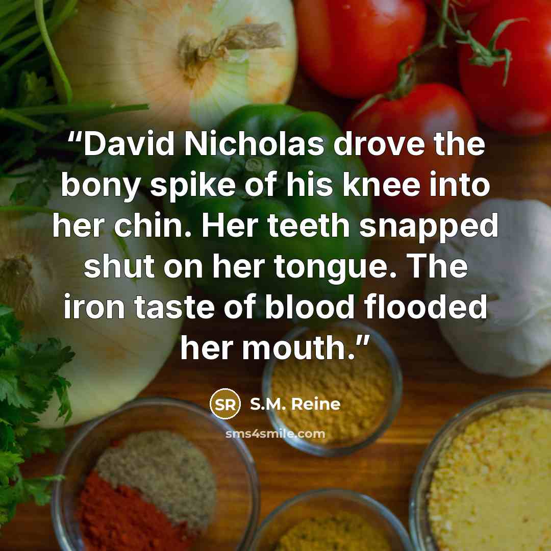 “David Nicholas drove the bony spike of his knee into her chin. Her teeth snapped shut on her tongue. The iron taste of blood flooded her mouth.” quote by S.M. Reine
