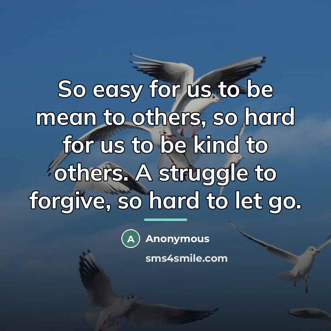 “So easy for us to be mean to others, so hard for us to be kind to others. A struggle to forgive, so hard to let go.” quote by Anonymous