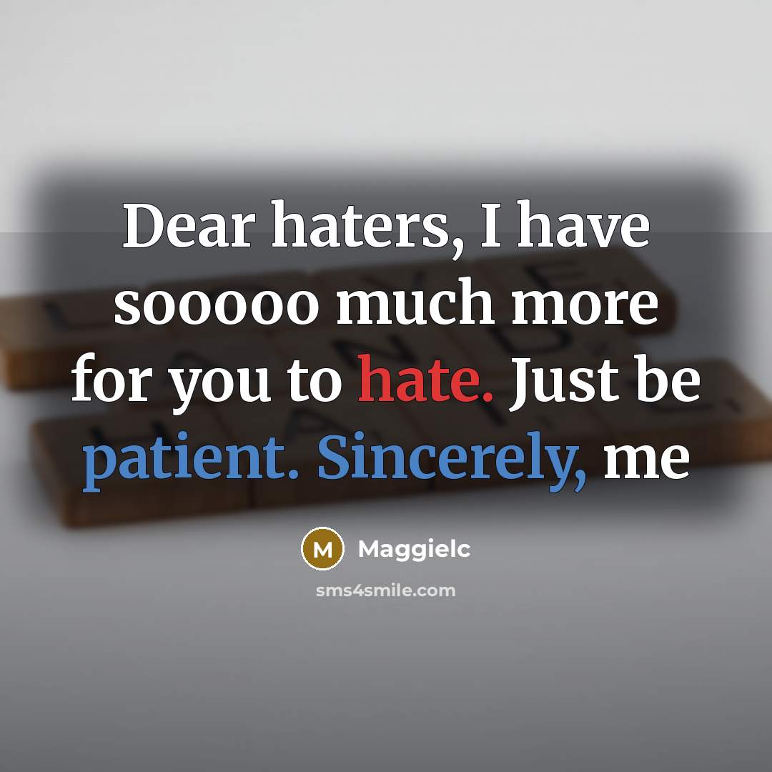 “Dear haters, I have sooooo much more for you to hate. Just be patient. Sincerely, me” quote by Maggielc