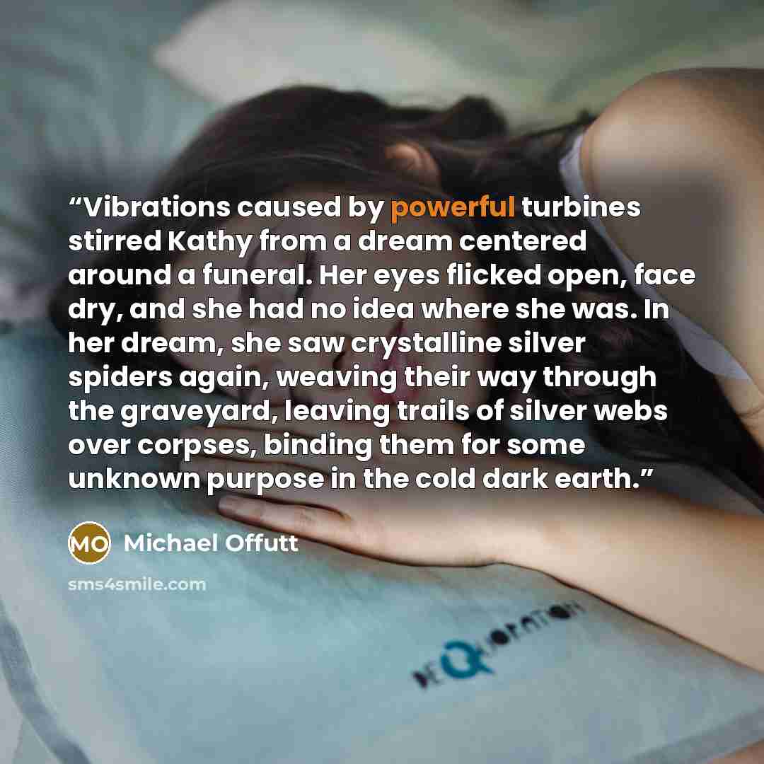 “Vibrations caused by powerful turbines stirred Kathy from a dream centered around a funeral. Her eyes flicked open, face dry, and she had no idea where she was. In her dream, she saw crystalline silver spiders again, weaving their way through the graveyard, leaving trails of silver webs over…” quote by Michael Offutt