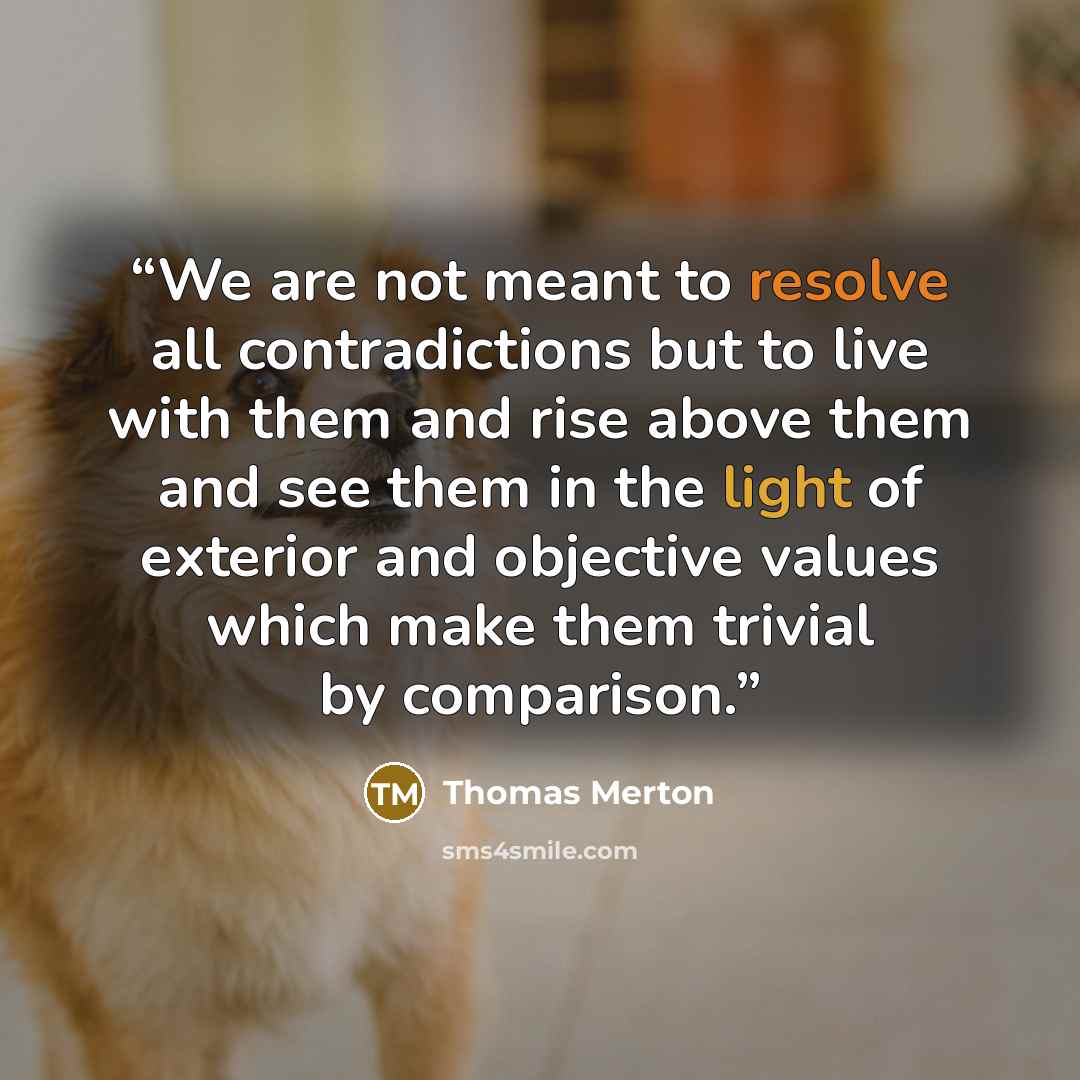 “We are not meant to resolve all contradictions but to live with them and rise above them and see them in the light of exterior and objective values which make them trivial by comparison.” quote by Thomas Merton