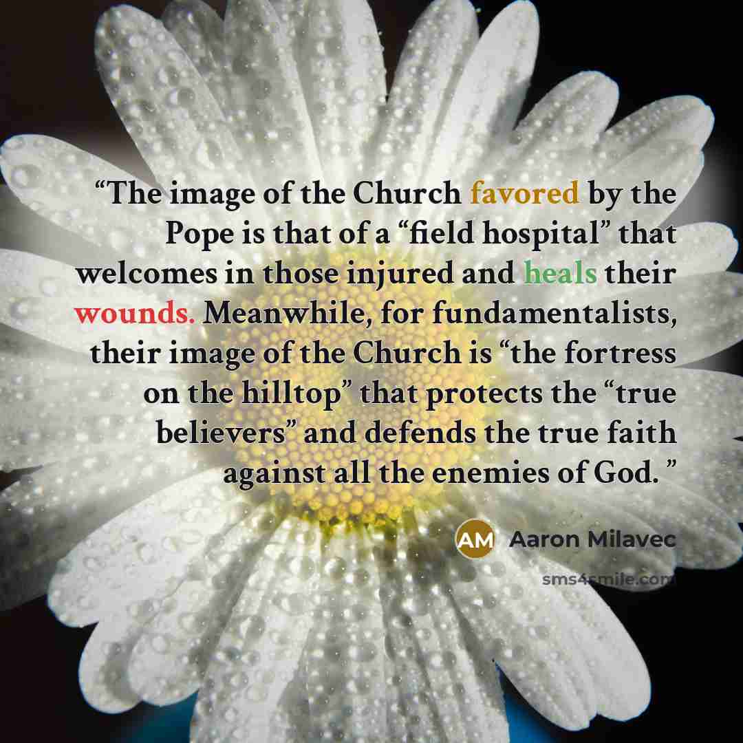 “The image of the Church favored by the Pope is that of a “field hospital” that welcomes in those injured and heals their wounds. Meanwhile, for fundamentalists, their image of the Church is “the fortress on the hilltop” that protects the “true believers” and defends the true faith against all the…” quote by Aaron Milavec
