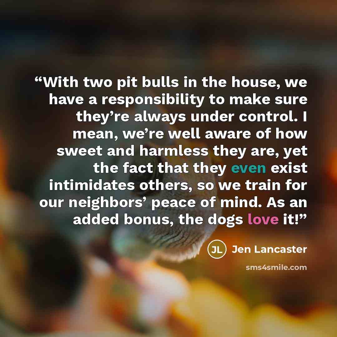 “With two pit bulls in the house, we have a responsibility to make sure they’re always under control. I mean, we’re well aware of how sweet and harmless they are, yet the fact that they even exist intimidates others, so we train for our neighbors’ peace of mind. As an added bonus, the dogs love it!” quote by Jen Lancaster