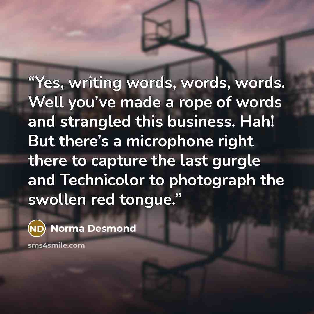 “Yes, writing words, words, words. Well you’ve made a rope of words and strangled this business. Hah! But there’s a microphone right there to capture the last gurgle and Technicolor to photograph the swollen red tongue.” quote by Norma Desmond
