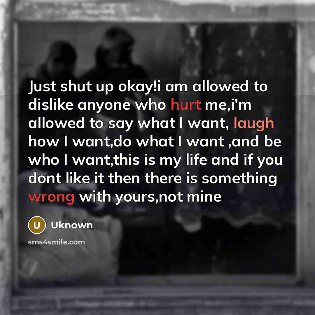 “Just shut up okay!i am allowed to dislike anyone who hurt me,i'm allowed to say what I want, laugh how I want,do what I want ,and be who I want,this is my life and if you dont like it then there is something wrong with yours,not mine” quote by Uknown