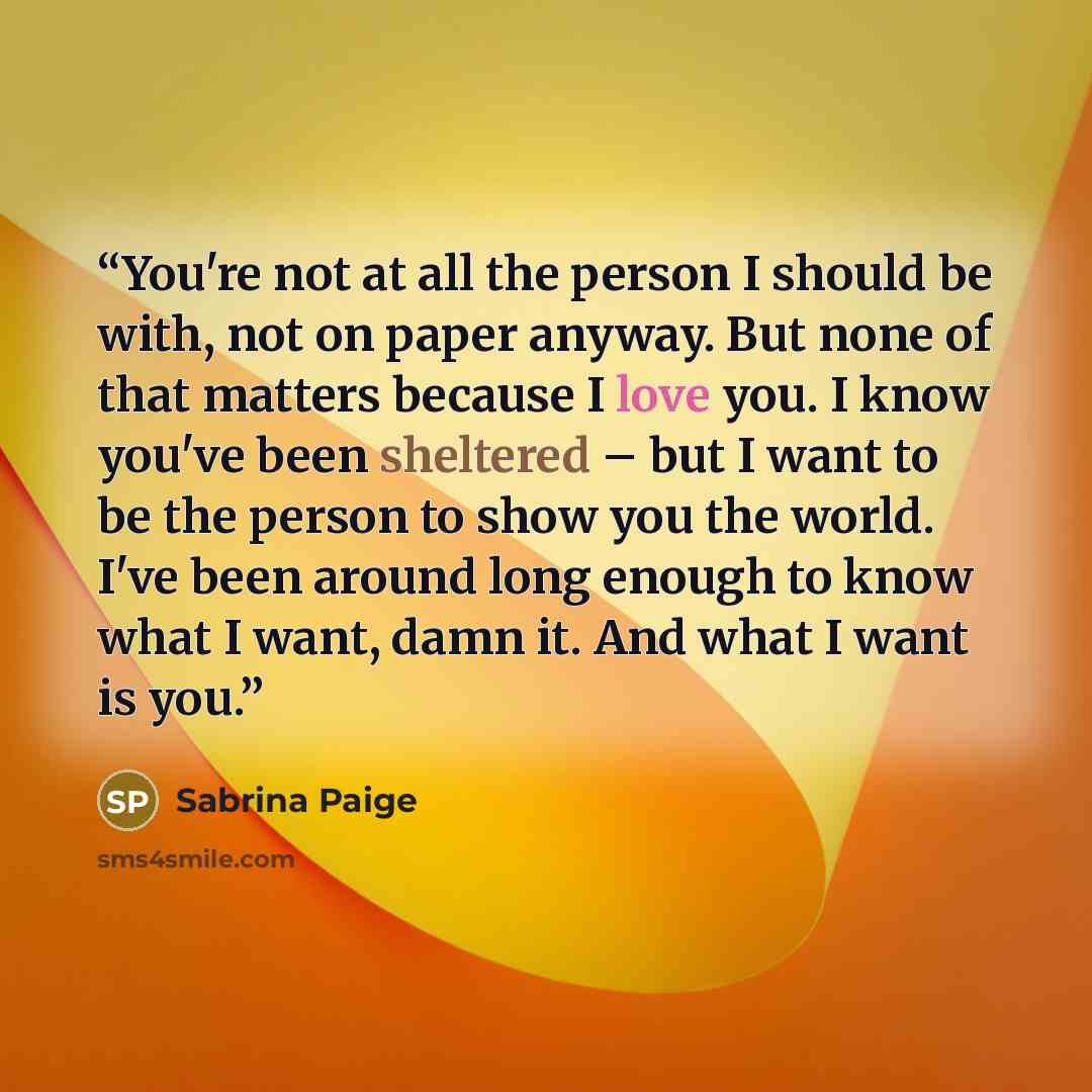 “You're not at all the person I should be with, not on paper anyway. But none of that matters because I love you. I know you've been sheltered – but I want to be the person to show you the world. I've been around long enough to know what I want, damn it. And what I want is you.” quote by Sabrina Paige