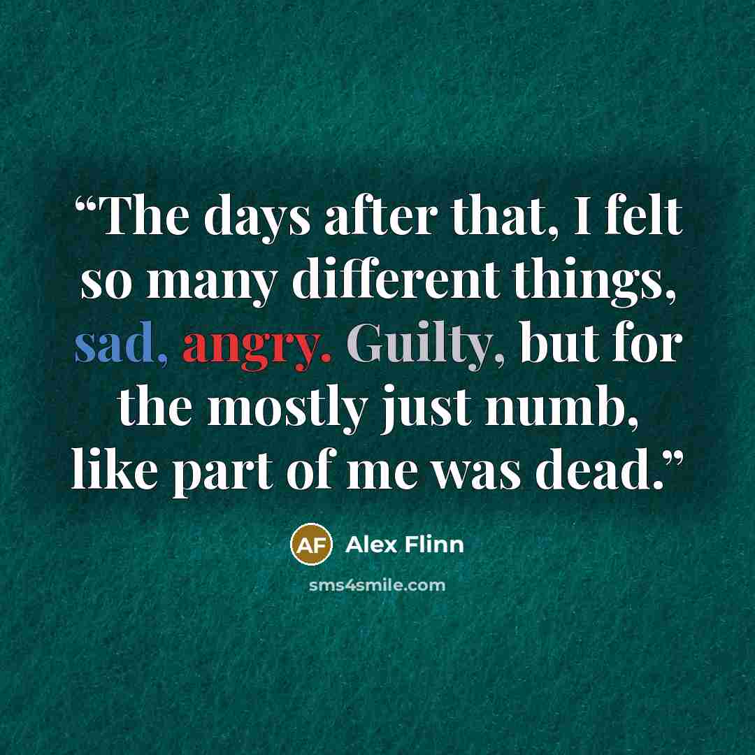 “The days after that, I felt so many different things, sad, angry. Guilty, but for the mostly just numb, like part of me was dead.” quote by Alex Flinn