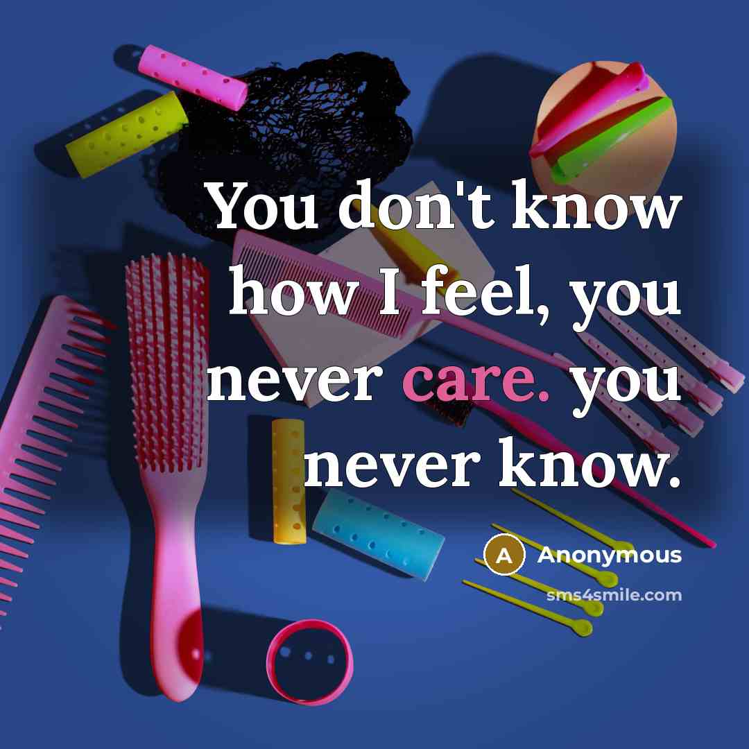 “You don't know how I feel, you never care. you never know.” quote by Anonymous