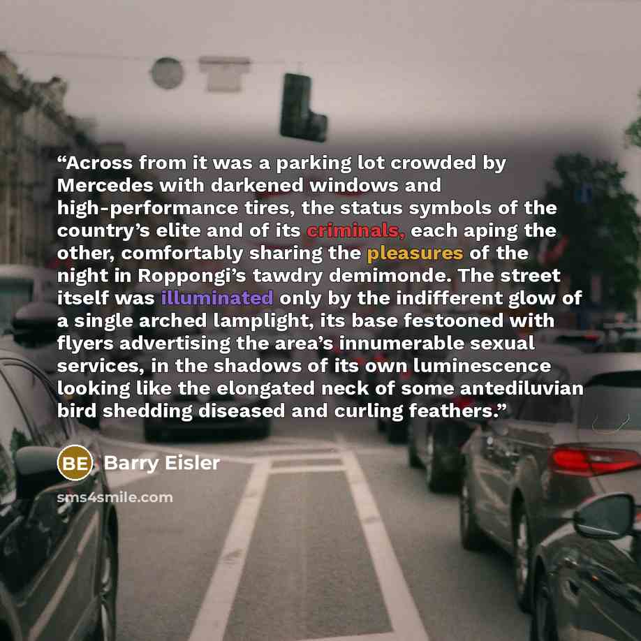 “Across from it was a parking lot crowded by Mercedes with darkened windows and high-performance tires, the status symbols of the country’s elite and of its criminals, each aping the other, comfortably sharing the pleasures of the night in Roppongi’s tawdry demimonde. The street itself was…” quote by Barry Eisler