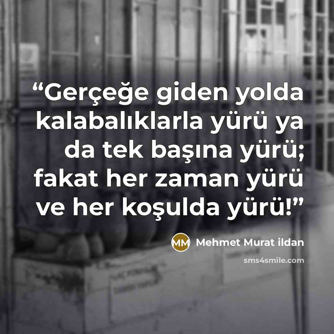 “Gerçeğe giden yolda kalabalıklarla yürü ya da tek başına yürü; fakat her zaman yürü ve her koşulda yürü!” quote by Mehmet Murat ildan