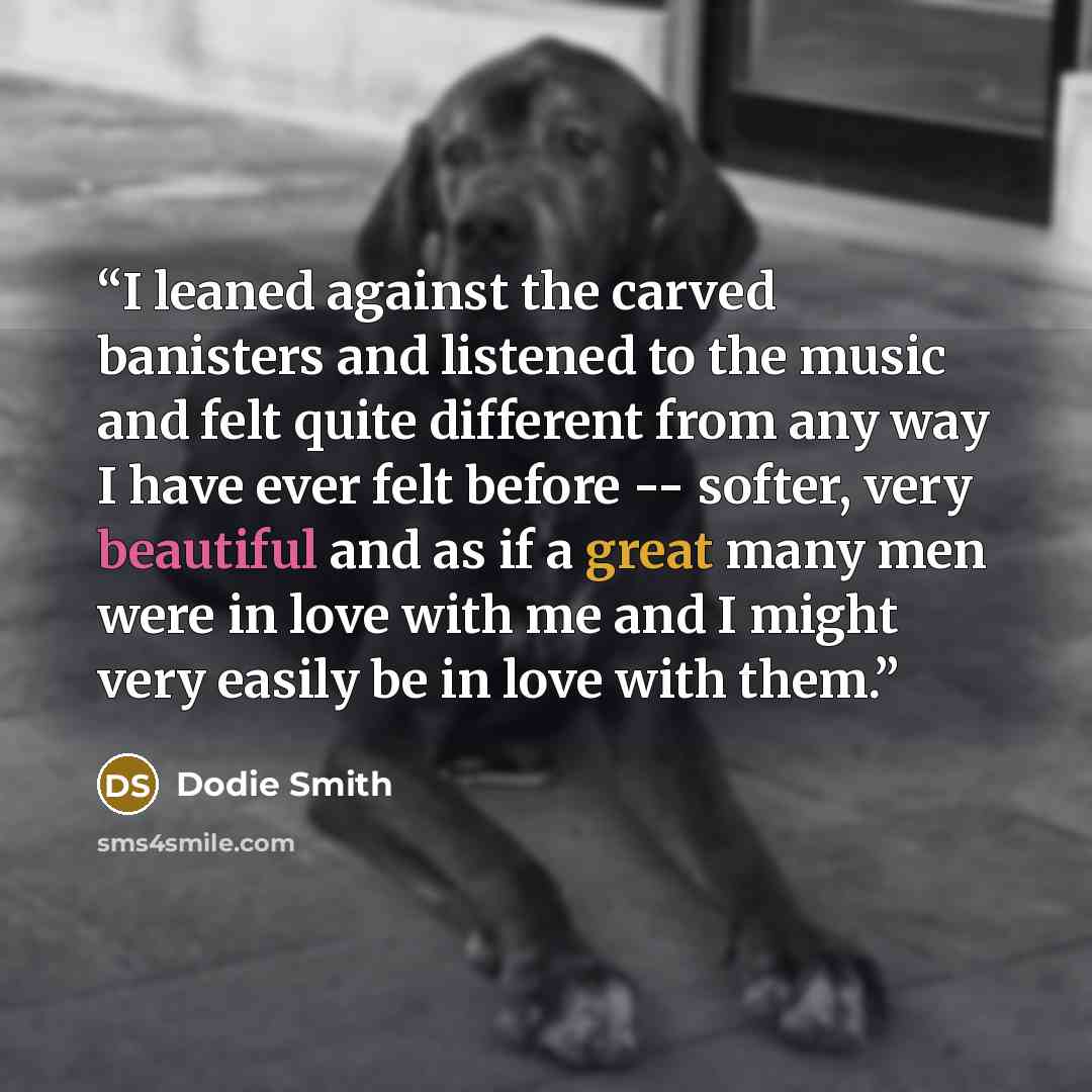 “I leaned against the carved banisters and listened to the music and felt quite different from any way I have ever felt before -- softer, very beautiful and as if a great many men were in love with me and I might very easily be in love with them.” quote by Dodie Smith