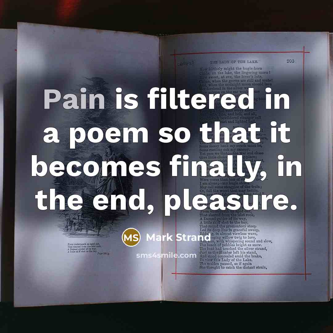 “Pain is filtered in a poem so that it becomes…” quote by Mark Strand