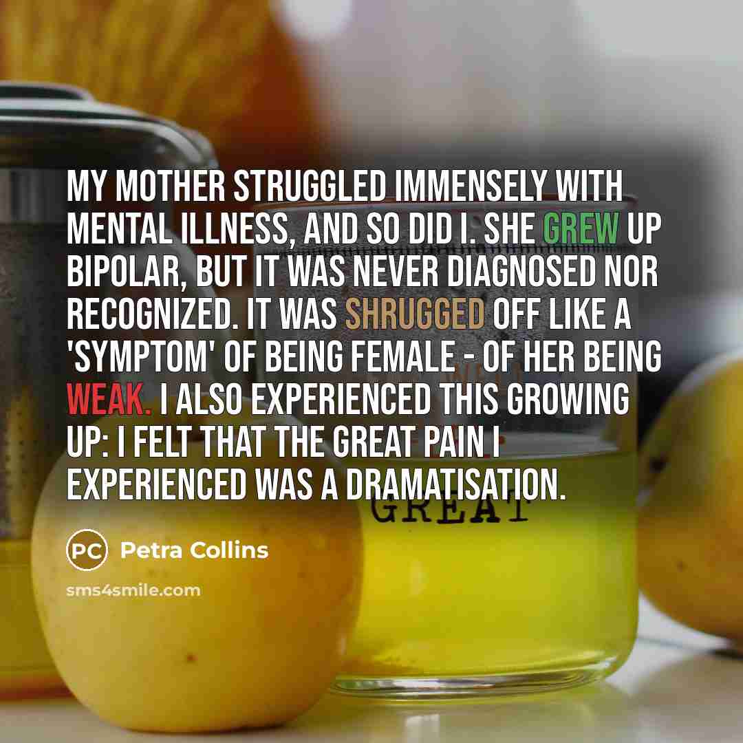 “My mother struggled immensely with mental illness, and so did I. She grew up bipolar, but it was never diagnosed nor recognized. It was shrugged off like a 'symptom' of being female - of her being weak. I also experienced this growing up: I felt that the great pain I experienced was a dramatisation.” quote by Petra Collins