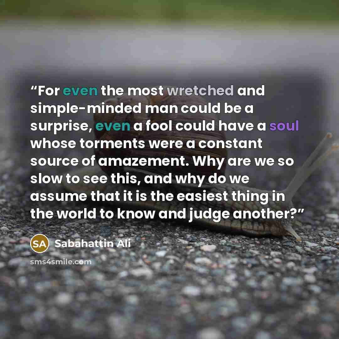 “For even the most wretched and simple-minded man could be a surprise, even a fool could have a soul whose torments were a constant source of amazement. Why are we so slow to see this, and why do we assume that it is the easiest thing in the world to know and judge another?” quote by Sabahattin Ali