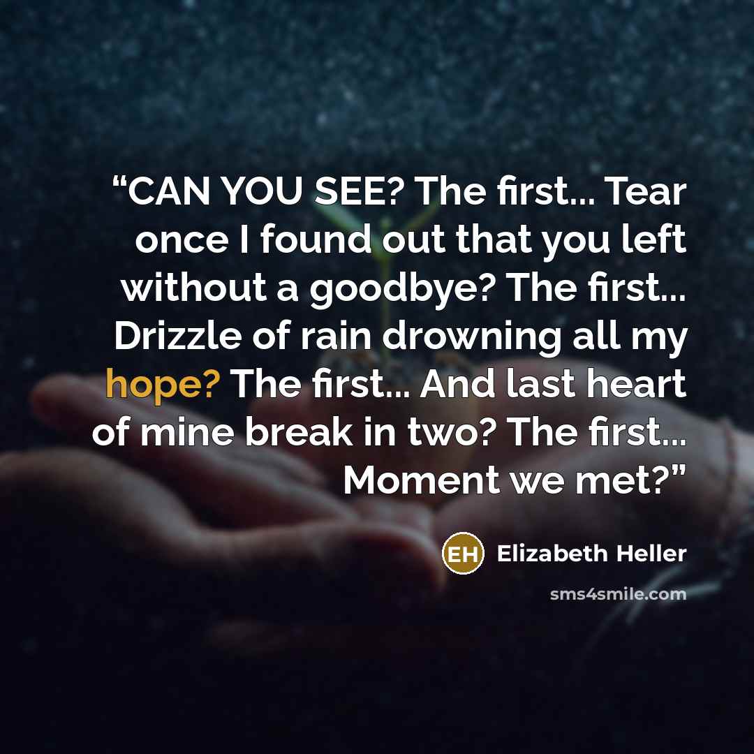 “CAN YOU SEE? The first... Tear once I found out that you left without a goodbye? The first... Drizzle of rain drowning all my hope? The first... And last heart of mine break in two? The first... Moment we met?” quote by Elizabeth Heller