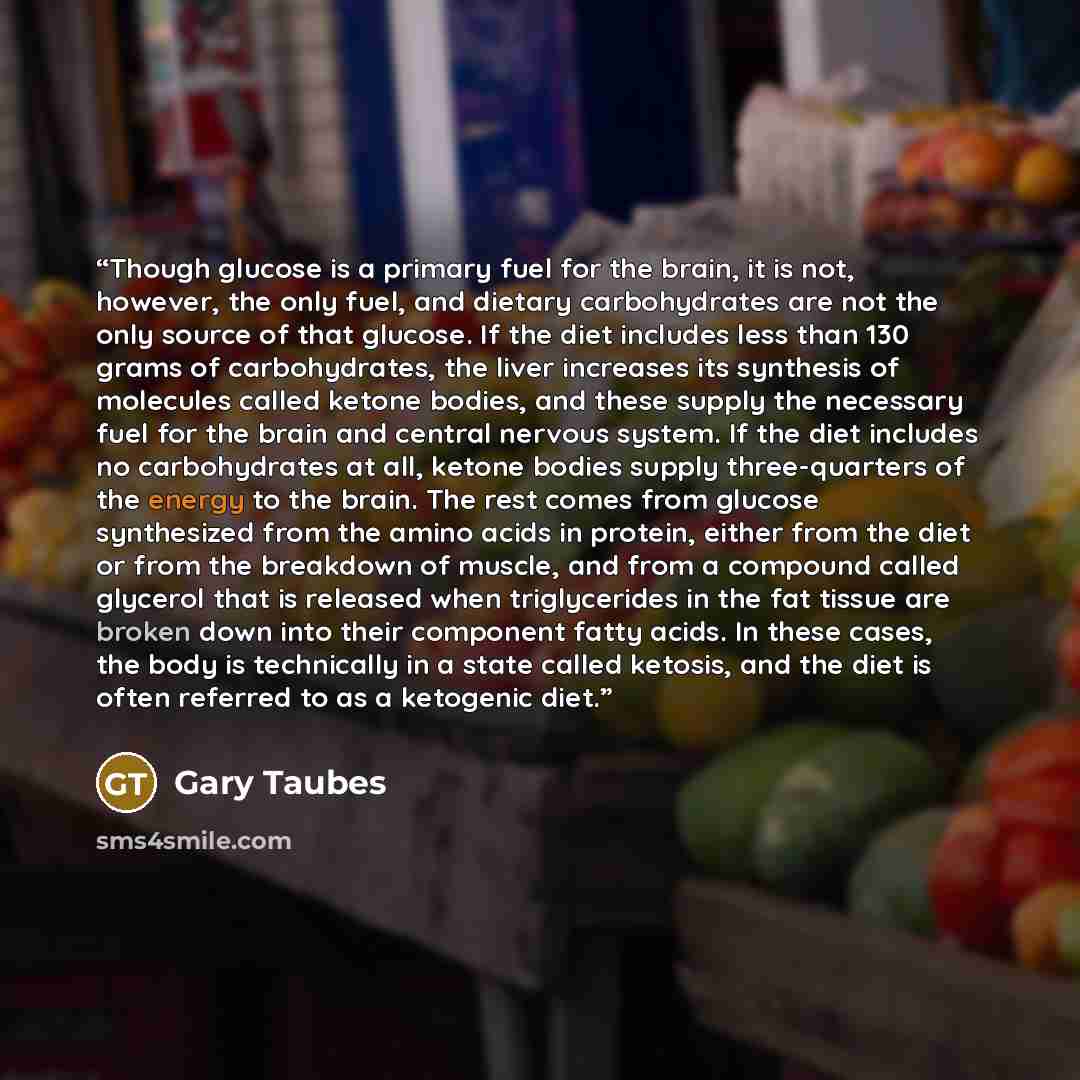 “Though glucose is a primary fuel for the brain, it is not, however, the only fuel, and dietary carbohydrates are not the only source of that glucose. If the diet includes less than 130 grams of carbohydrates, the liver increases its synthesis of molecules called ketone bodies, and these supply the…” quote by Gary Taubes