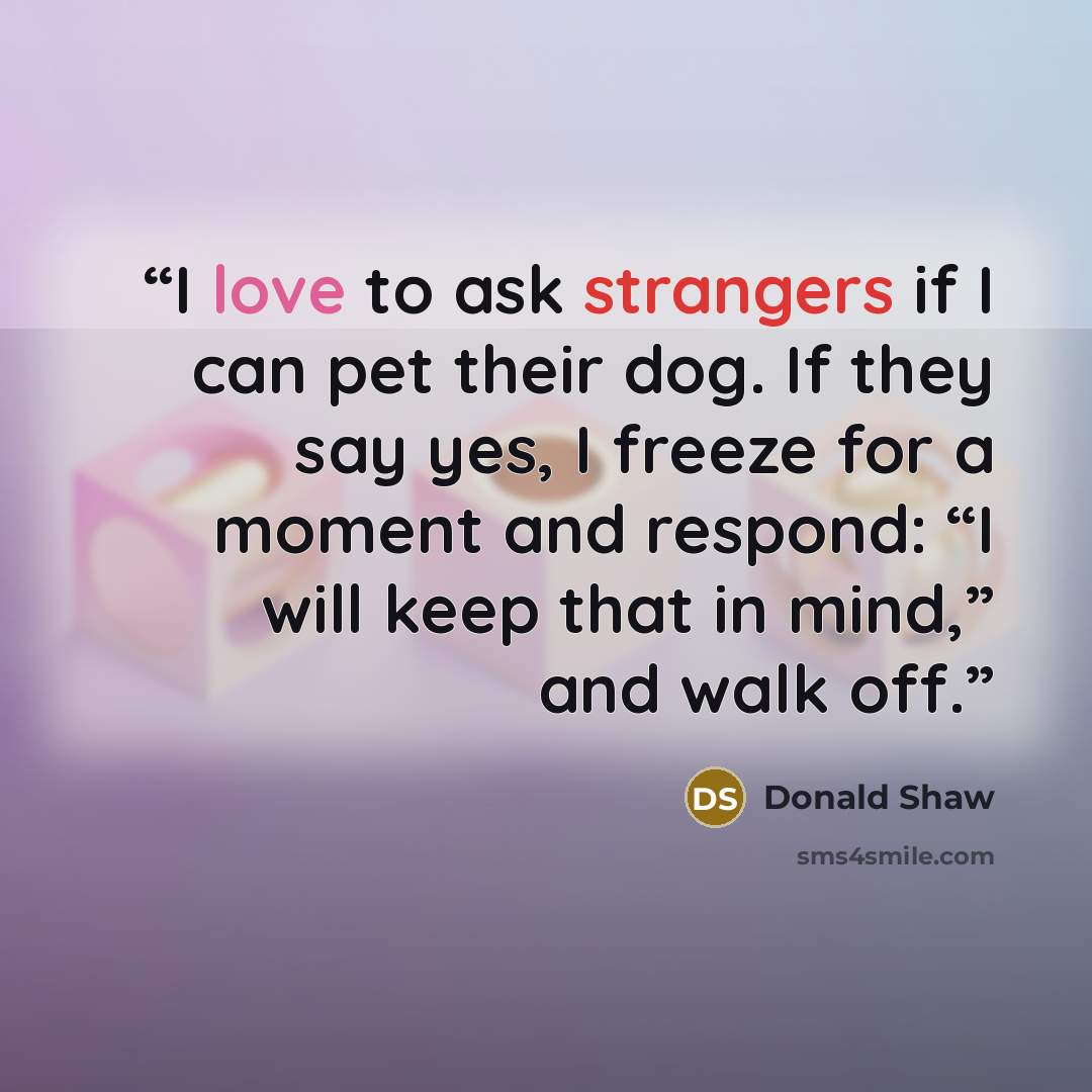 “I love to ask strangers if I can pet their dog. If they say yes, I freeze for a moment and respond: “I will keep that in mind,” and walk off.” quote by Donald Shaw