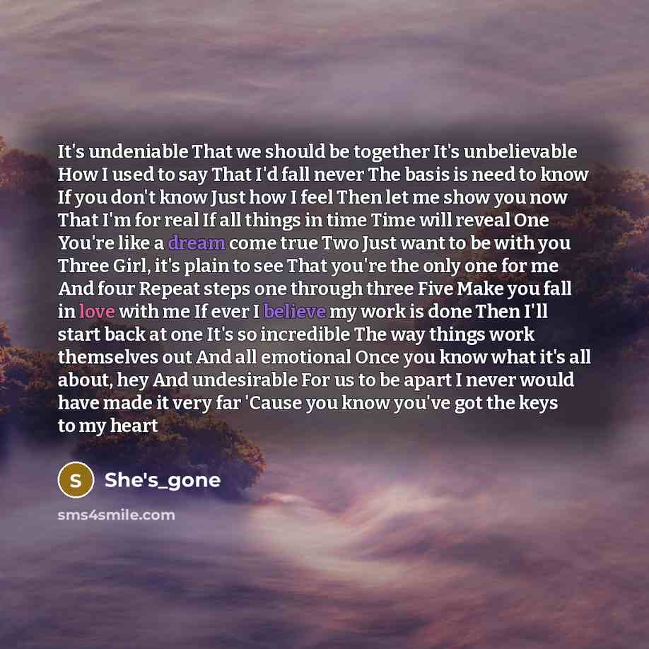 “It's undeniable That we should be together It's unbelievable How I used to say That I'd fall never The basis is need to know If you don't know Just how I feel Then let me show you now That I'm for real If all things in time Time will reveal One You're like a dream come true Two Just want to be…” quote by She's_gone