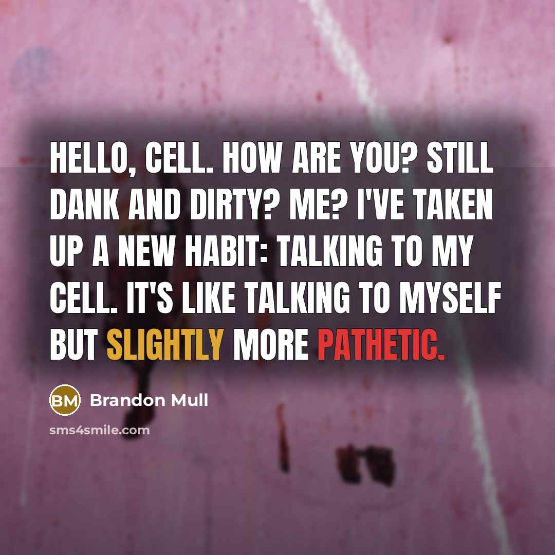 “Hello, cell. How are you? Still dank and dirty? Me? I've taken up a new habit: talking to my cell. It's like talking to myself but slightly more pathetic.” quote by Brandon Mull
