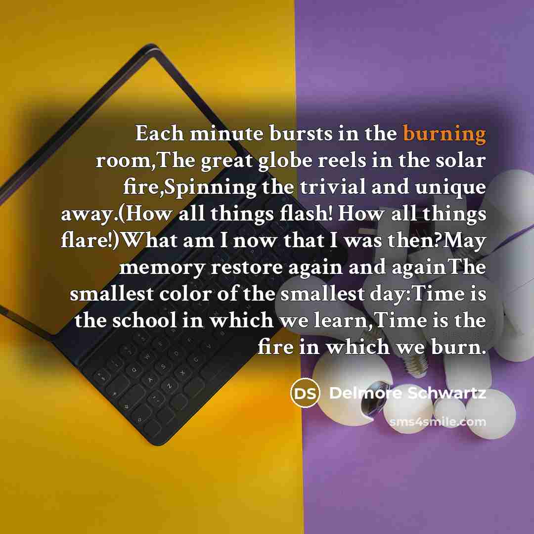 “Each minute bursts in the burning room,The great globe reels…” quote by Delmore Schwartz