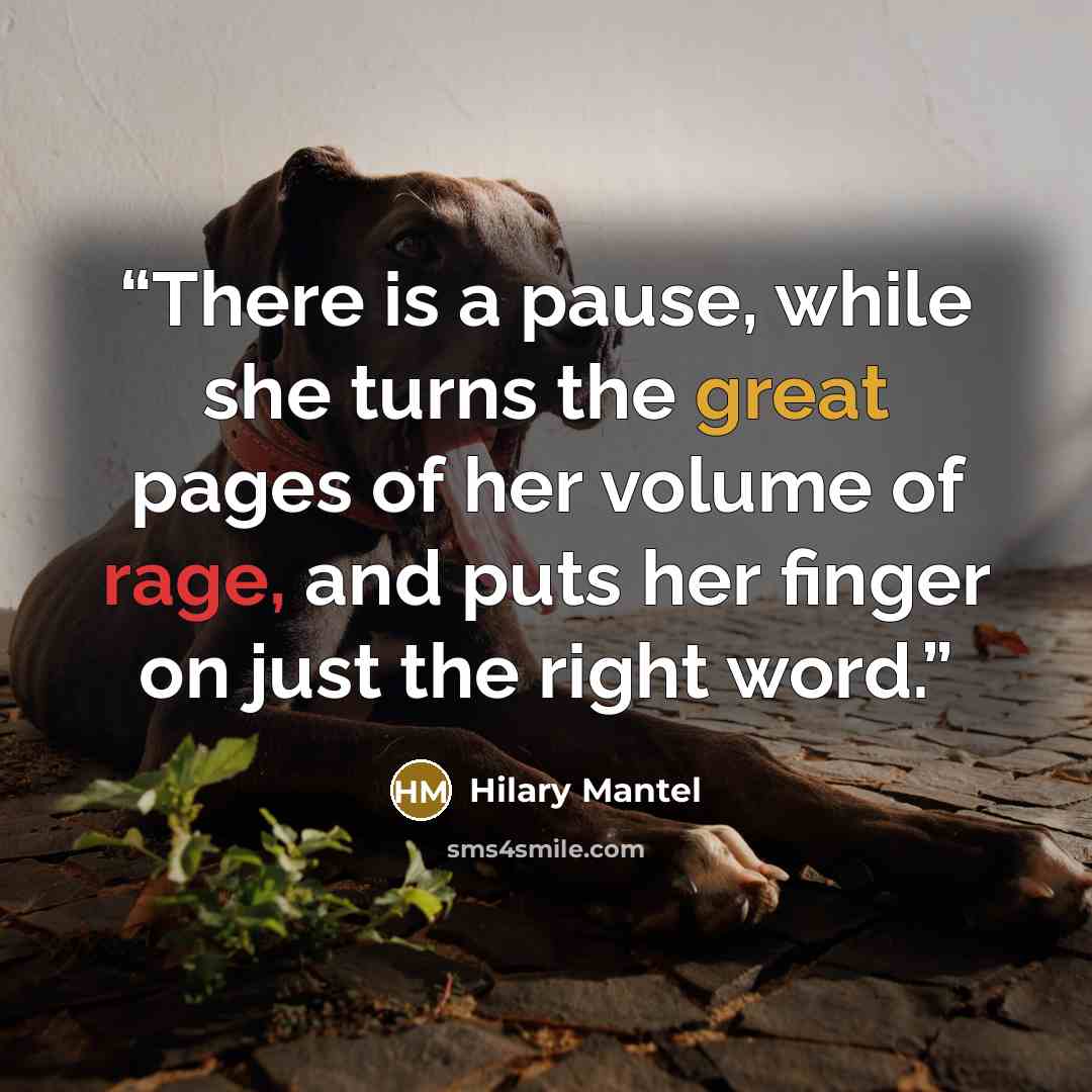 “There is a pause, while she turns the great pages of her volume of rage, and puts her finger on just the right word.” quote by Hilary Mantel
