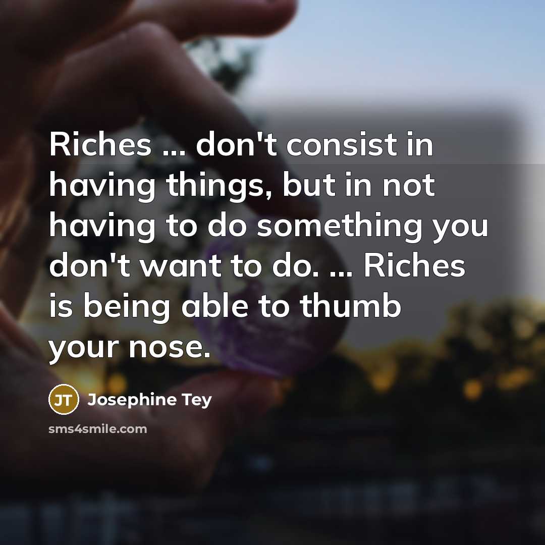 “Riches ... don't consist in having things, but in not…” quote by Josephine Tey