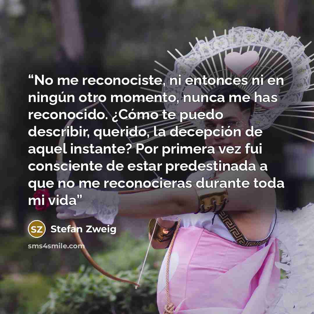 “No me reconociste, ni entonces ni en ningún otro momento, nunca me has reconocido. ¿Cómo te puedo describir, querido, la decepción de aquel instante? Por primera vez fui consciente de estar predestinada a que no me reconocieras durante toda mi vida” quote by Stefan Zweig