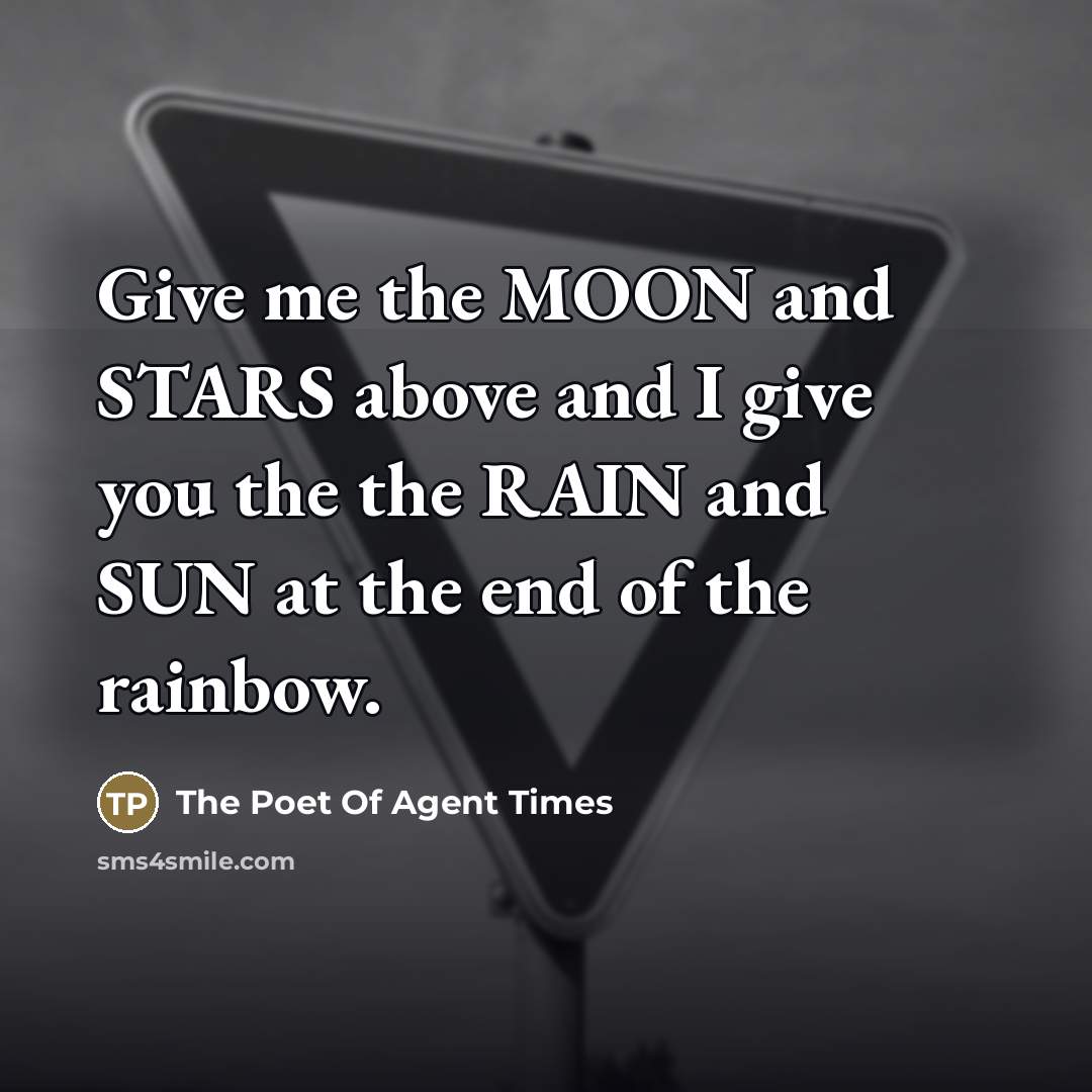 “Give me the MOON and STARS above and I give you the the RAIN and SUN at the end of the rainbow.” quote by The Poet Of Agent Times